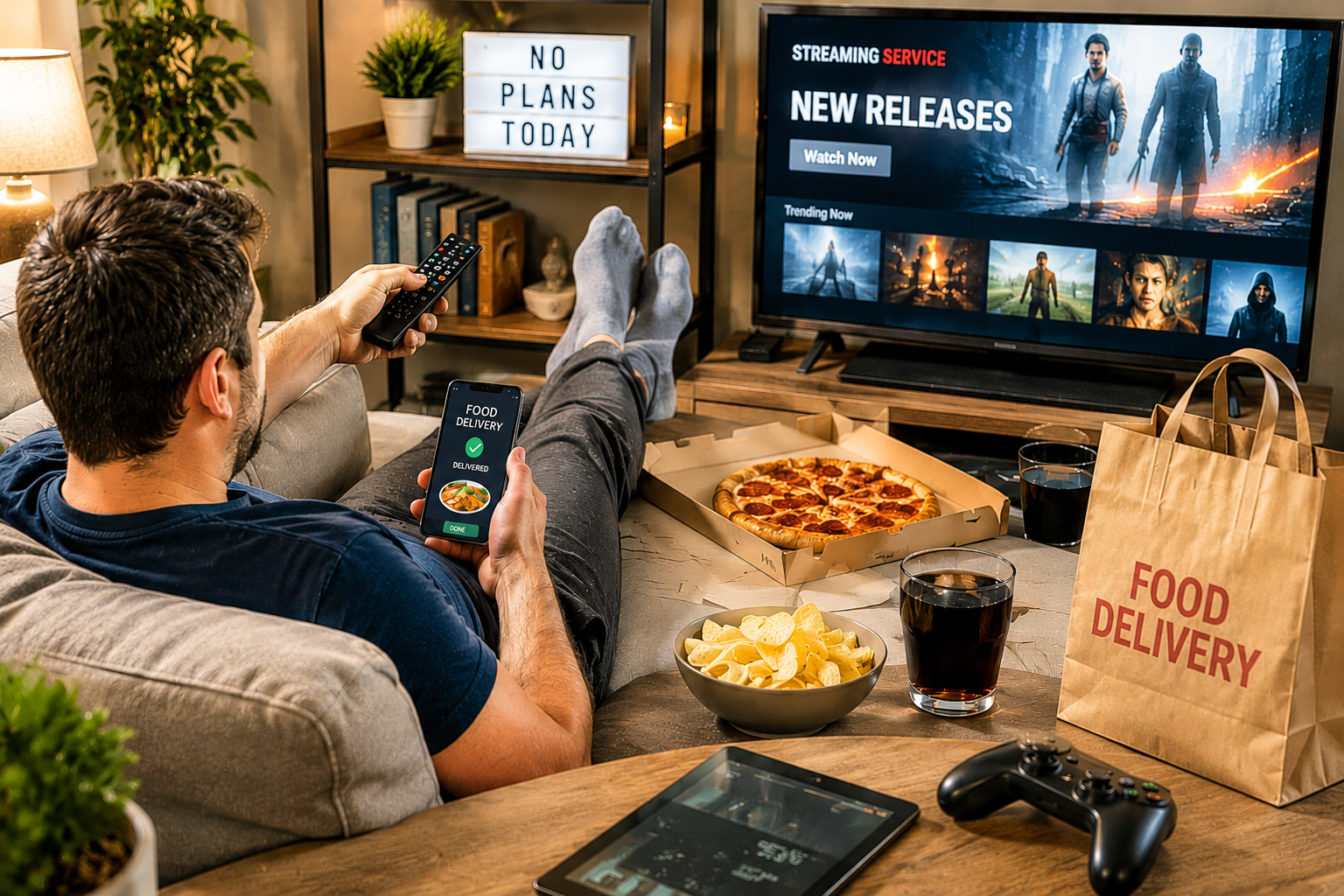 Man lounging on a couch watching TV with a pizza box, potato chips, and drinks within reach; large food-delivery bag on the floor nearby.